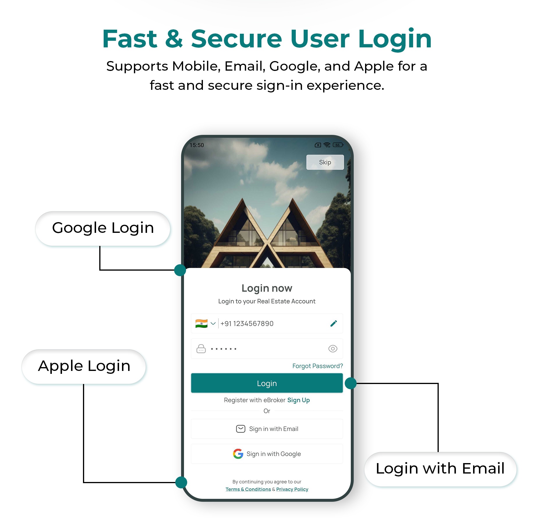 Secure login : eBroker - real estate mobile app template