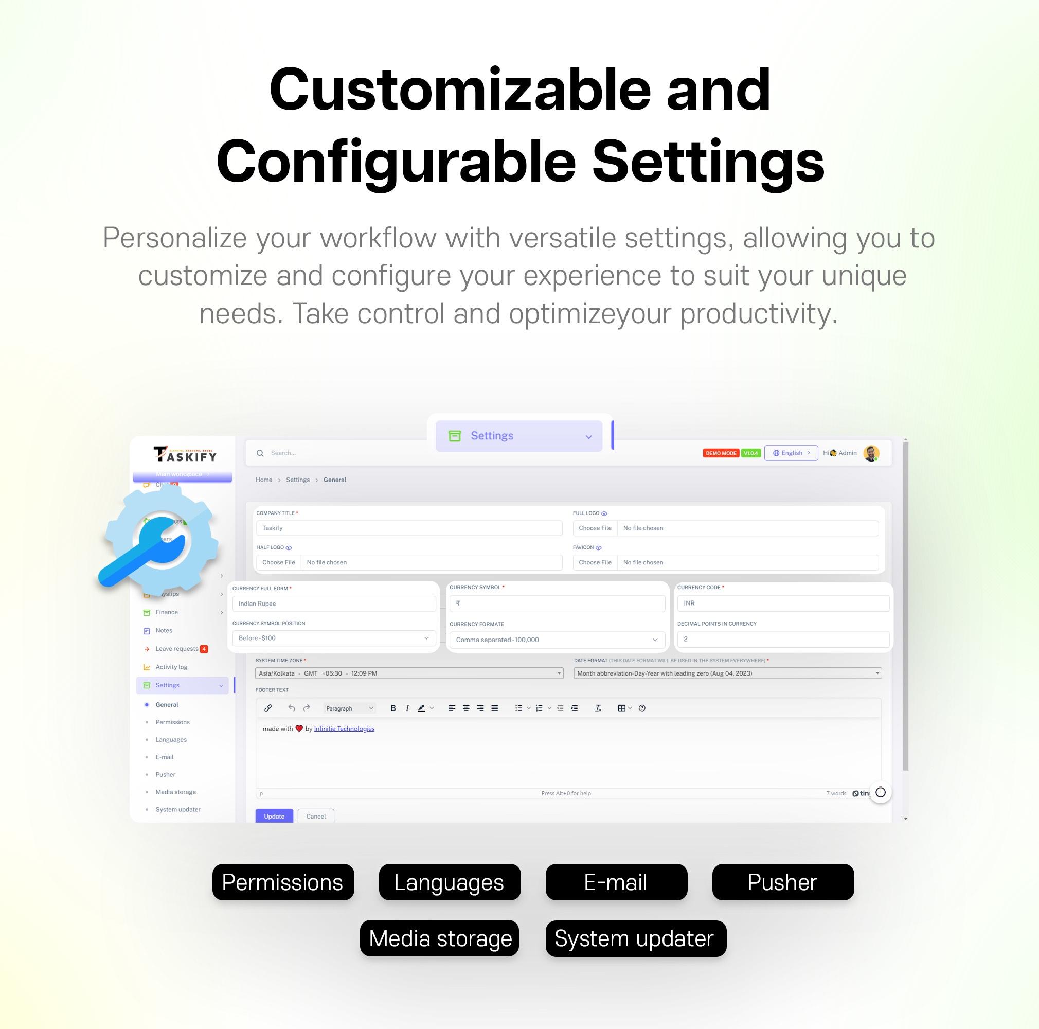 Customizable and Configurable Settings | Taskify - Project Management, Task Management, CRM & Productivity System