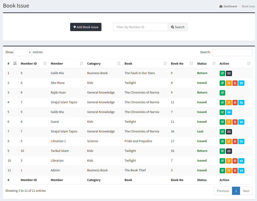 Manage Library Book Issue, Return, Fine And Payment