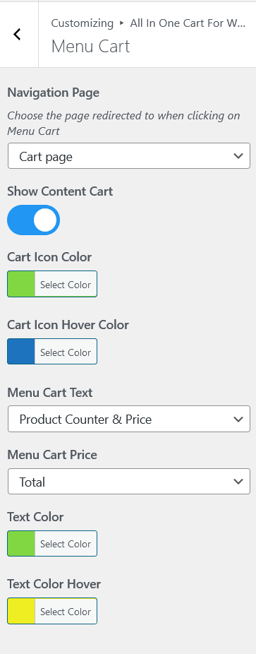 WooCommerce All In One Cart Menu Cart Customizer Controls