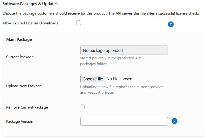 Configuração da página do produto de pacotes e atualizações de software