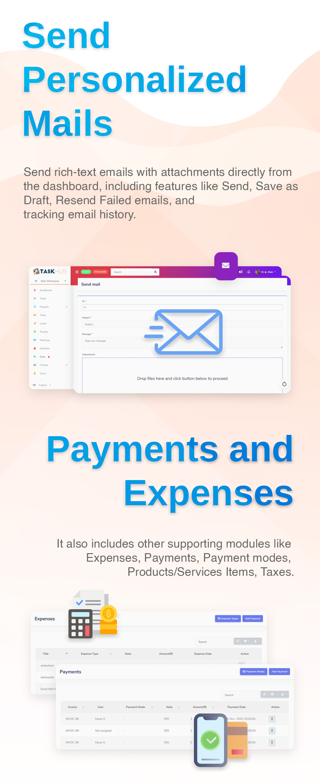 Send personalized emails and Payments and expenses - Project management tools - Taskhub - v2.2 - 3