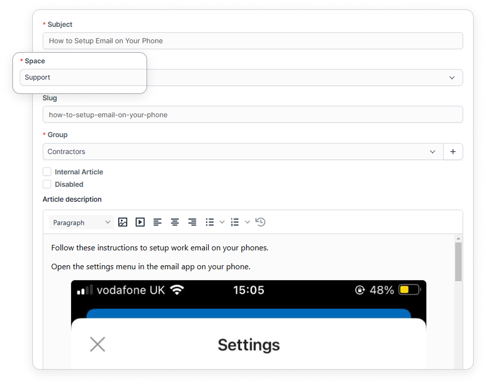 Create an article under a space