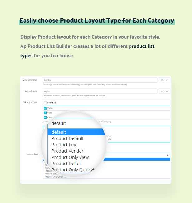 easily choose product layout type for each category