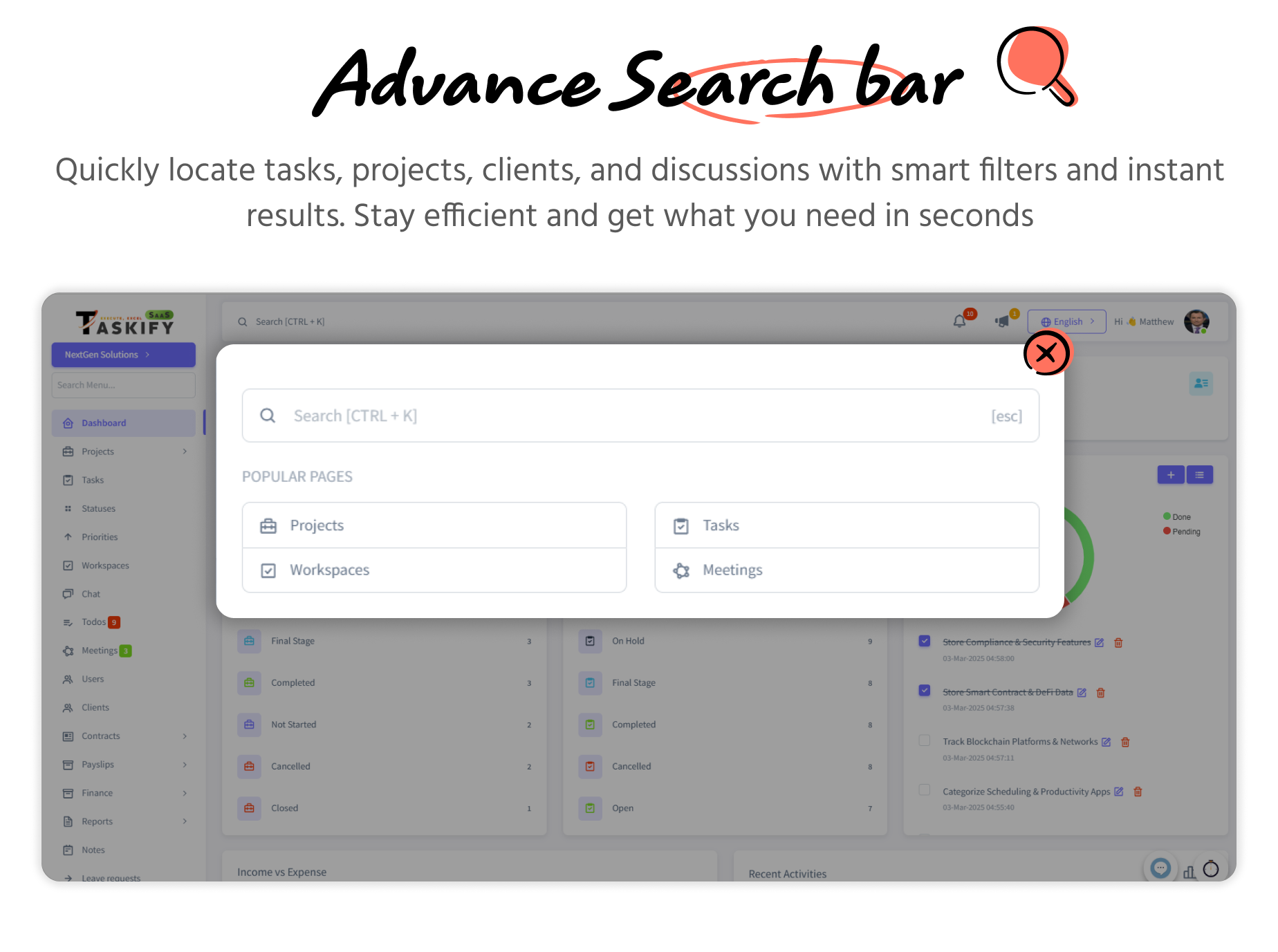 Advanced Search options - Admin panel - Taskify SaaS - Project Management, Task Management & Productivity Tool