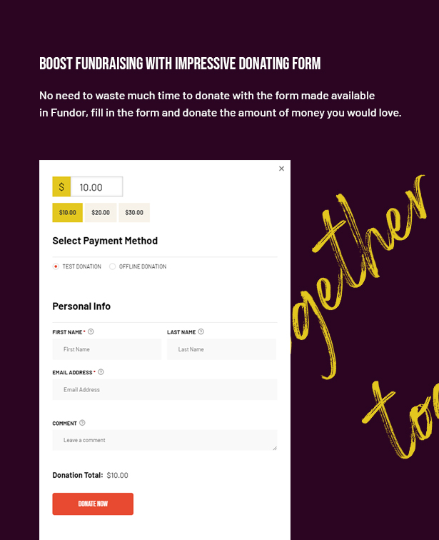 Fundor Nonprofit WordPress Theme donate form