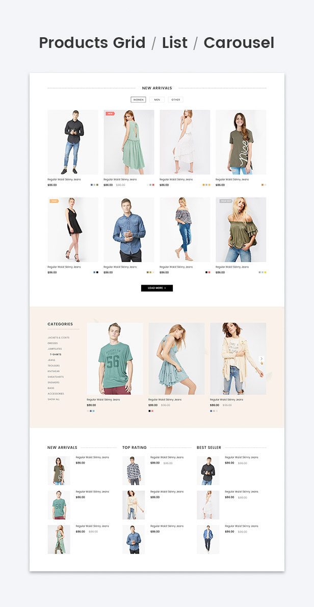 Products grid, list, carousel for new products, bestselling, featured products