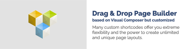 Drag n Drop Page Builder based on WPBakery Page Builder but customized Many custom shortcodes offer you extreme flexibility and the power to create unlimited and unique page layouts.