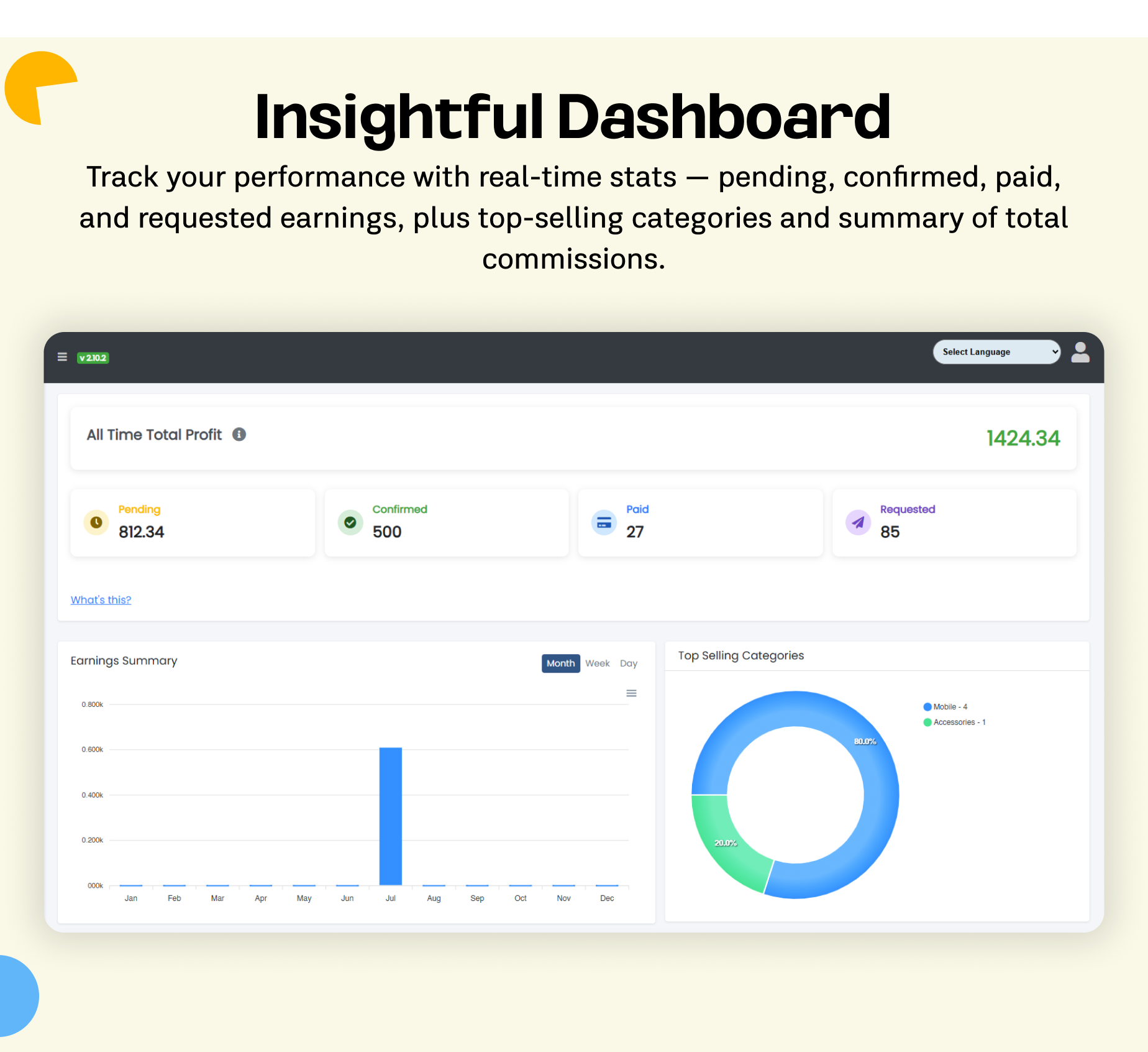Affiliate Panel insightfull Dashboard - eShop website for Multi vendor ecommerce marketplace / CMS