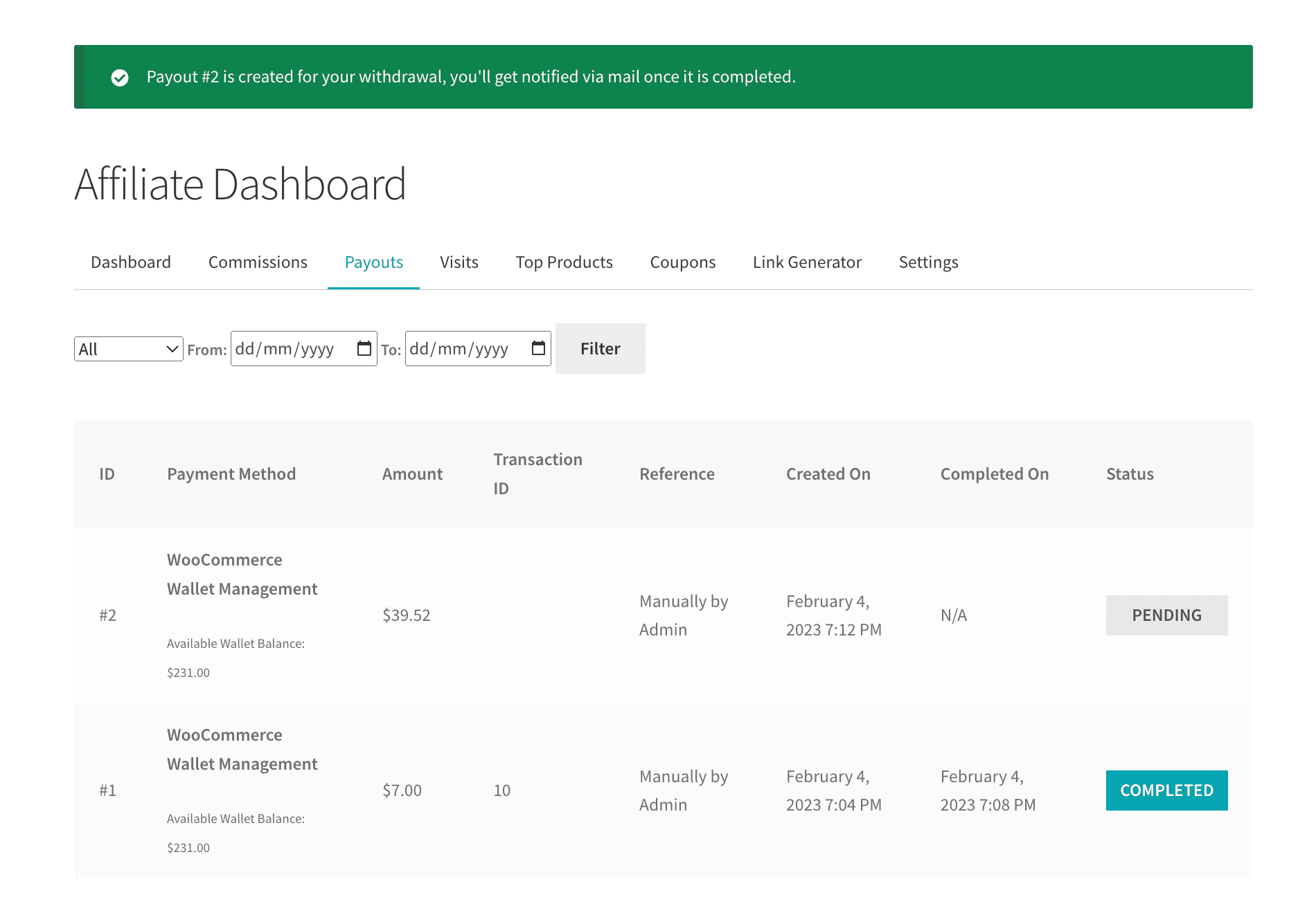 WooCommerce Affiliates Payouts Section