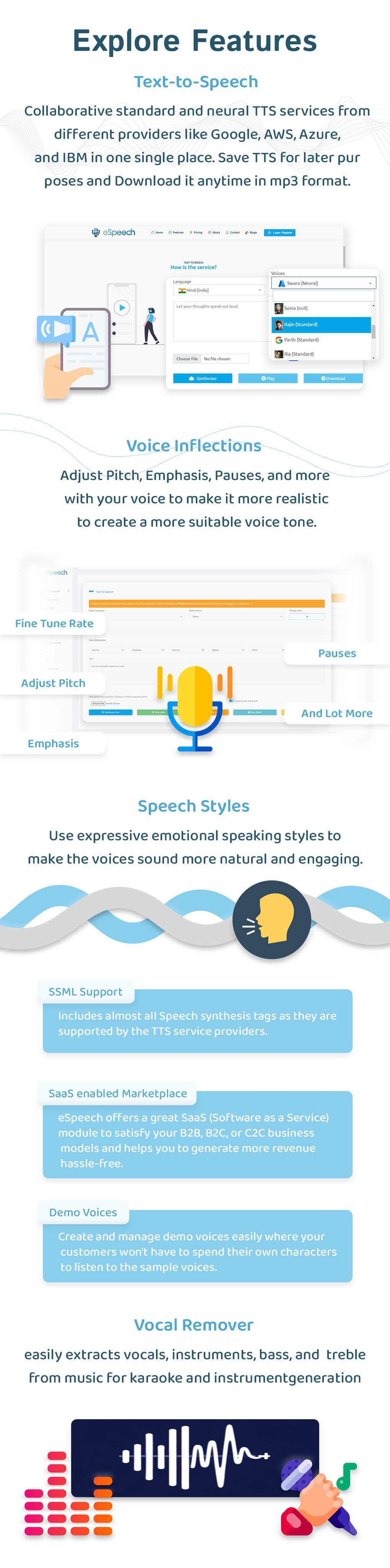 eSpeech Explore Features - text to speech marketplace with SaaS module