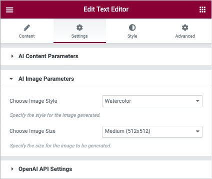 AI Assistant Elementor Image Generation Parameters