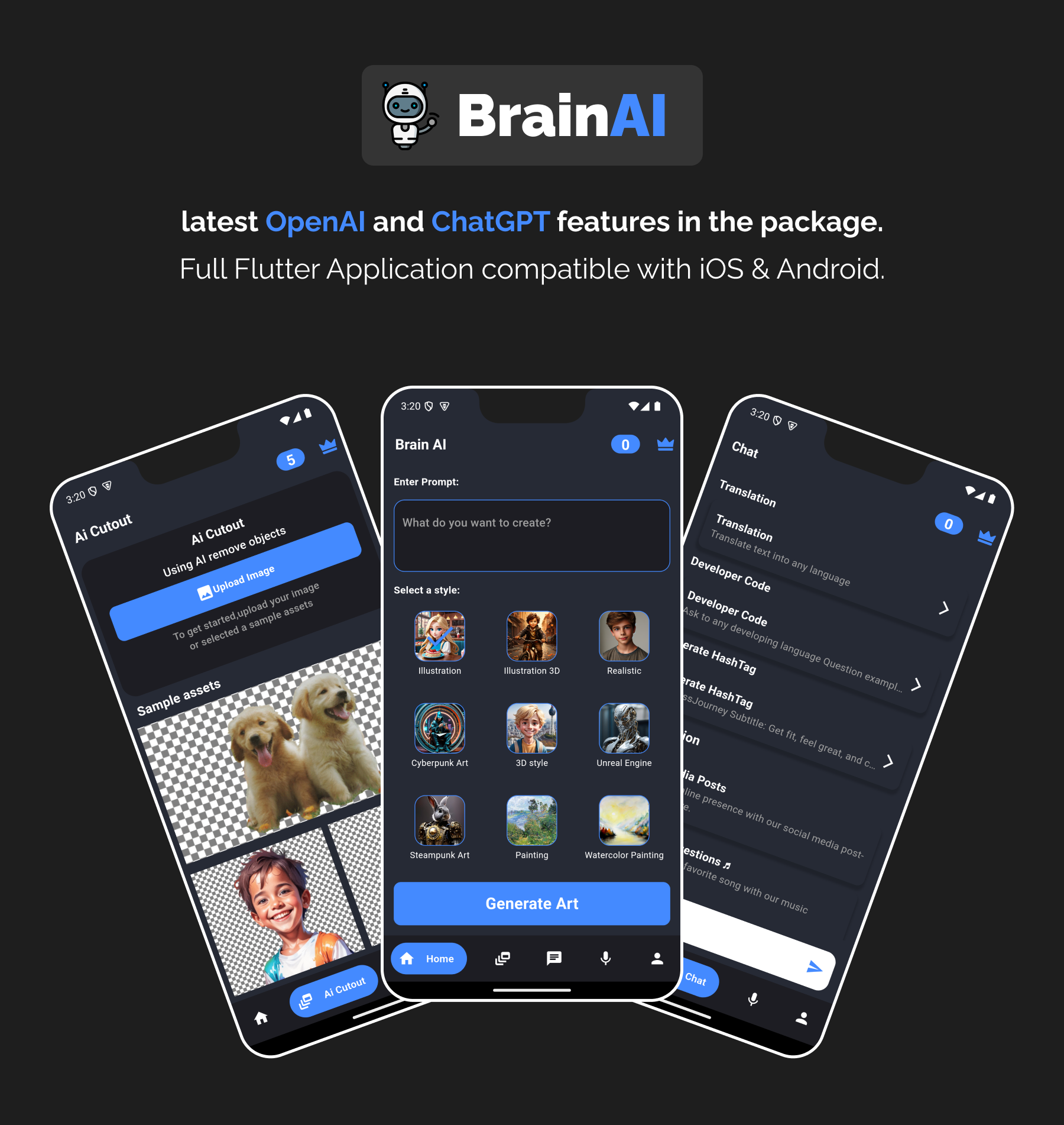 Brain Ai - ChatGPT | Flutter Android/iOS Full Application | Art Generator | Ai Cutout | Voice Chat | - 3