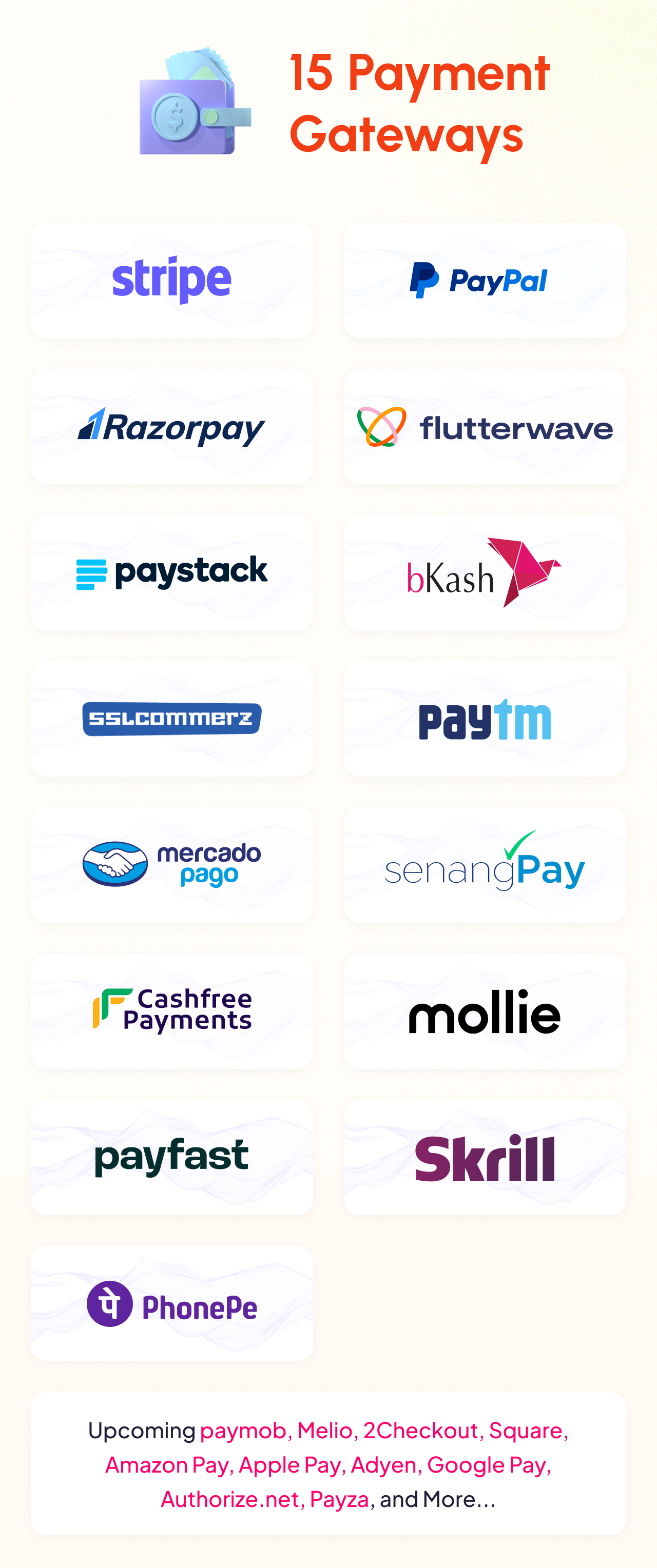 Payment Gateways included with shopking are PayPal, Stripe, RazorPay, FlutterWave, PayStack, Bkash, Sslcommerz, PayTm, MercadoPago, SenangPay, Cashfree, Mollie, Skrill, PhonePe
