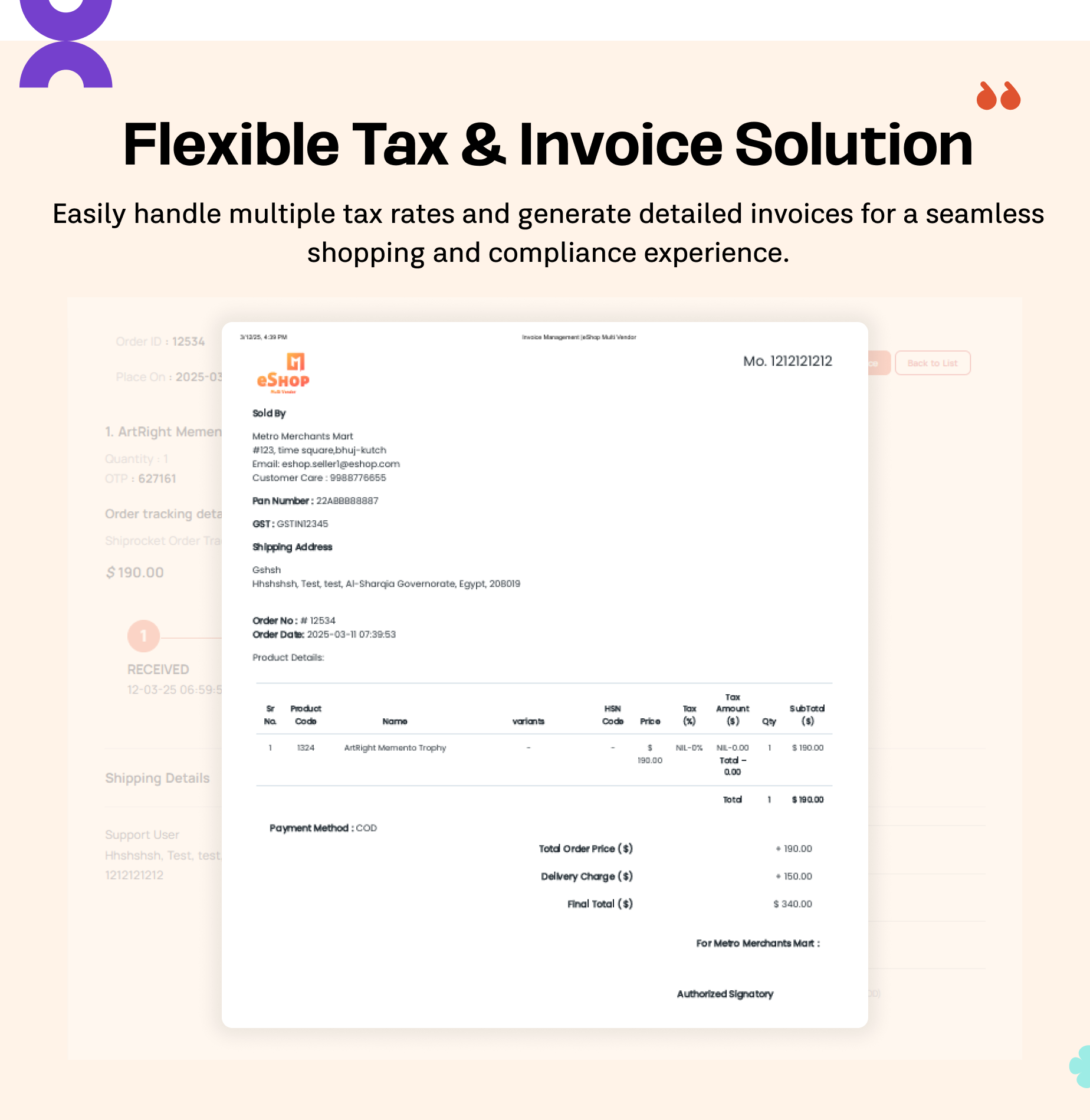 Flexible Tax & Invoice Solution - eShop website for Multi vendor ecommerce marketplace / CMS