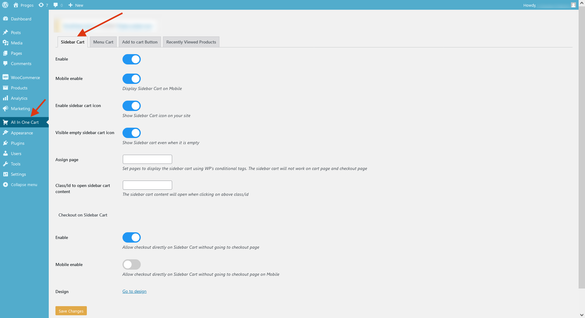 WooCommerce All In One Cart Sidebar Cart Settings