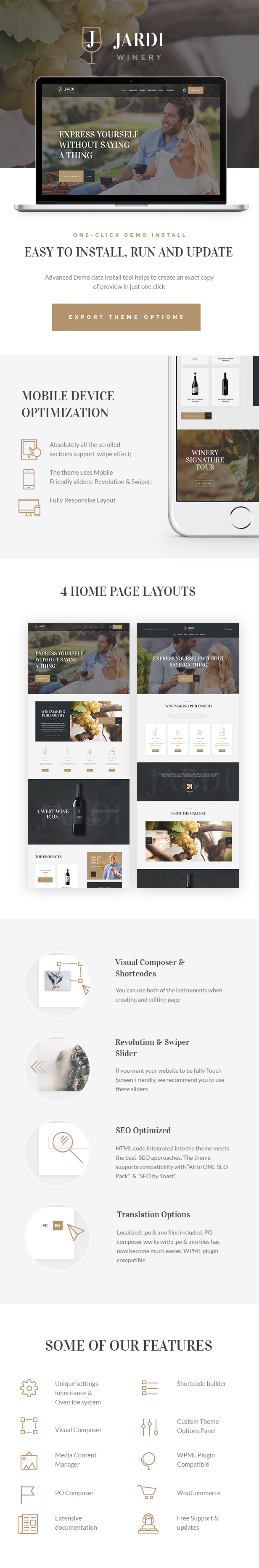 Winery, Vineyard & Wine Shop WordPress Theme features