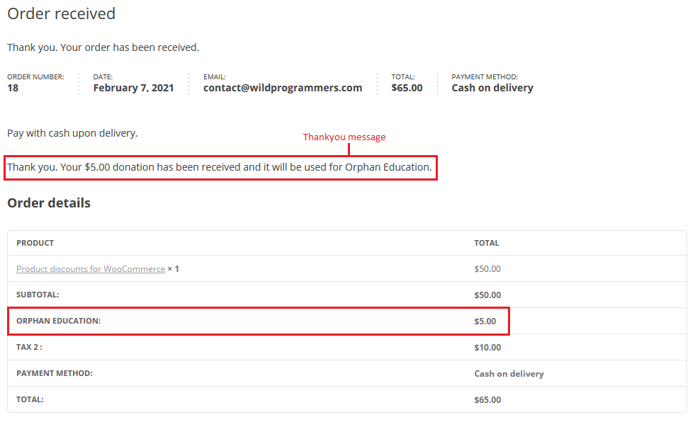 WooCommerce Donation & Tip - Thankyou Page