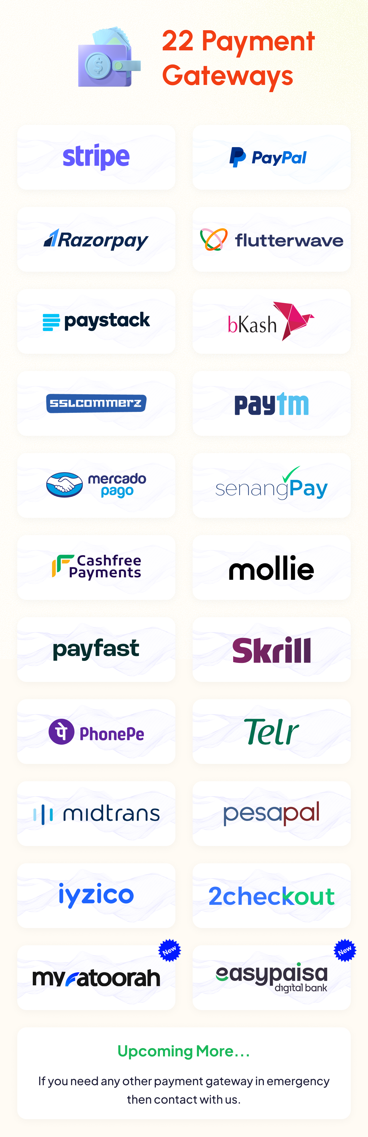 22 Payment Gateways included with shopking are PayPal, Stripe, RazorPay, FlutterWave, PayStack, Bkash, Sslcommerz, PayTm, MercadoPago, SenangPay, Cashfree, Mollie, Skrill, PhonePe