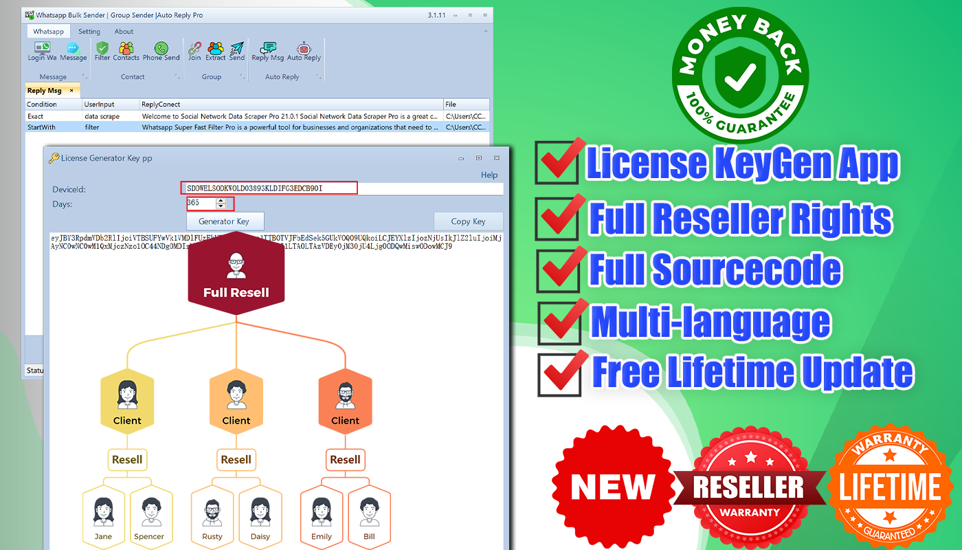 Whatsapp Bulk Sender + Group Sender + Auto Reply +License KeyGen App-Full Reseller