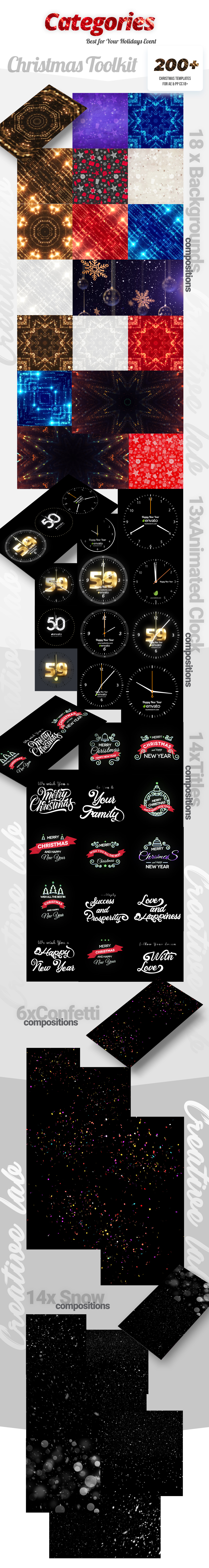 200+圣诞新年晚会倒计时活动演示视频转场烟花粒子图标元素背景包-AE扩展脚本