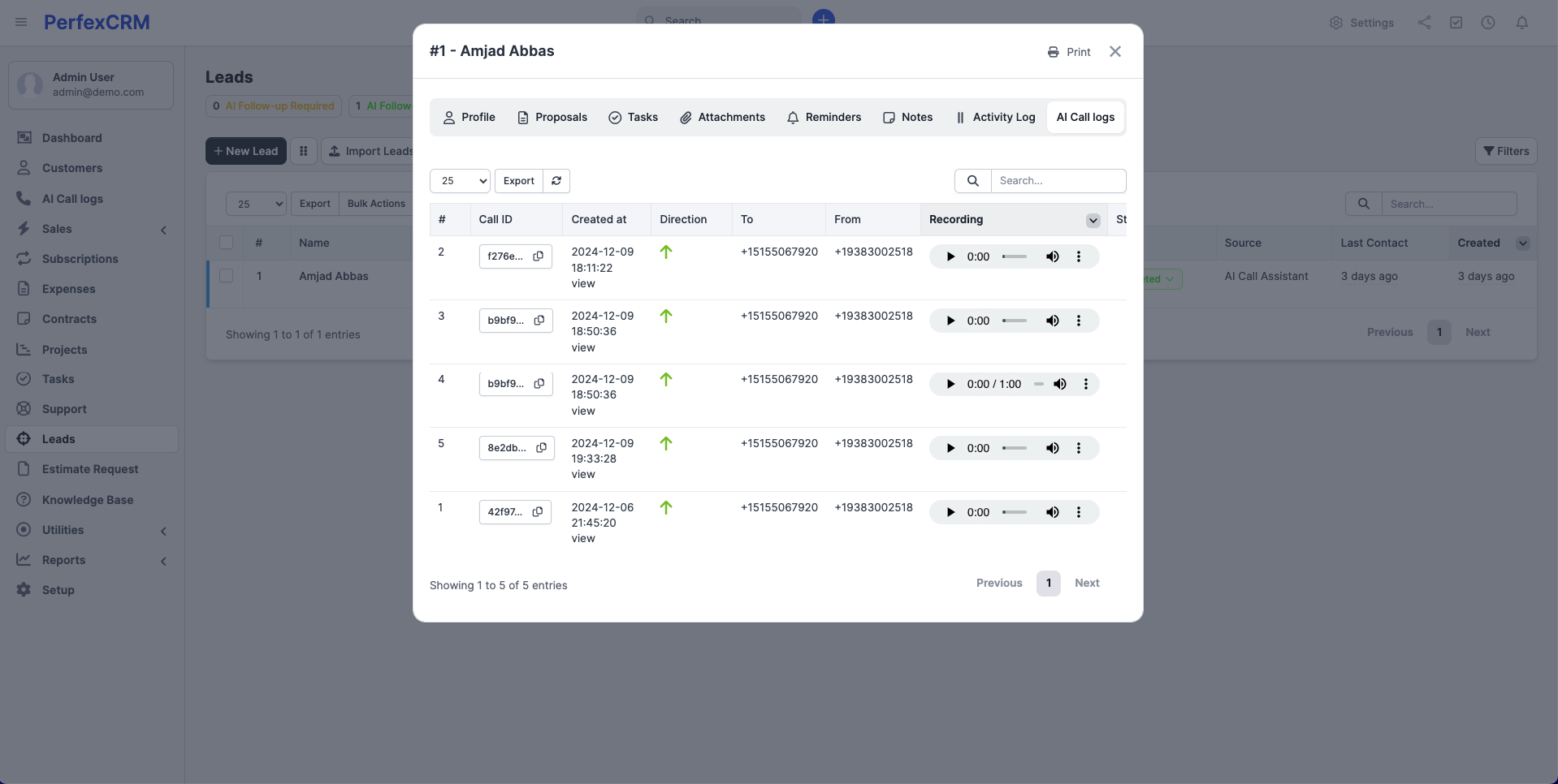 Lead Details with Call Logs Tab
