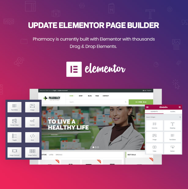 Tıp ve Sağlık için Drag Drop Page Builder Elementor Eczane WordPress Teması