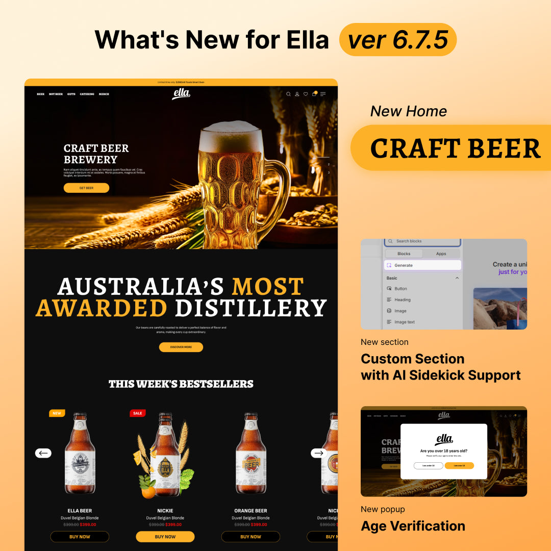 Ella Theme 6.7.5 Update – New Home 37 (Craft Beer), AI Sidekick Block, Age Verification Popup, Bug Fixes & Performance Improvements