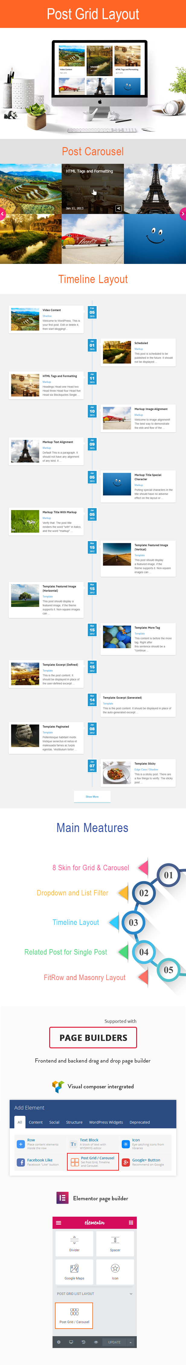 Wordpress Post Grille / Liste / Mise en page de la chronologie avec carrousel et publication connexe