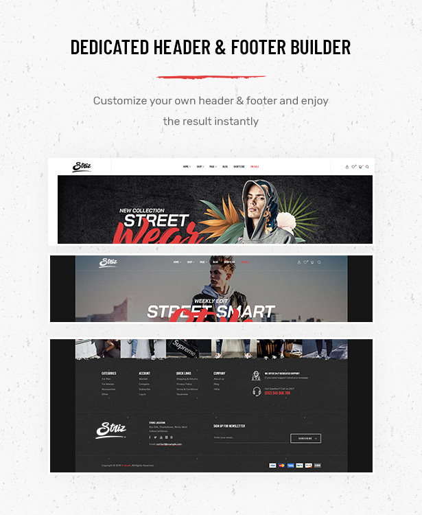 Striz Fashion Ecommerce WordPress Theme com cabeçalho flexível e construtor de rodapé