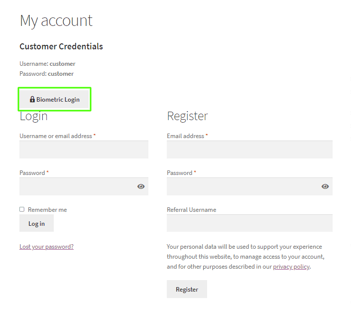 WooCommerce Biometric Login button