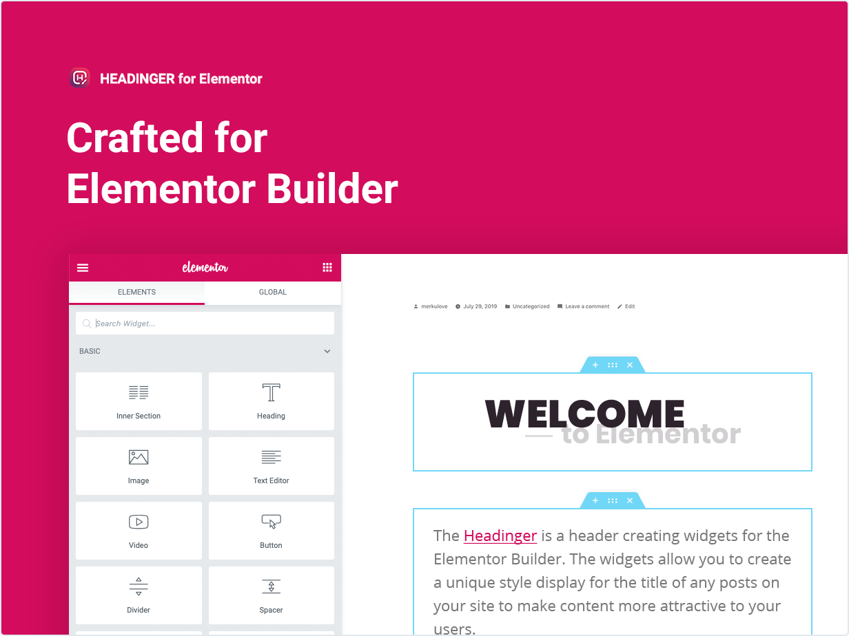 Headinger widgets Crafted for Elementor Builder