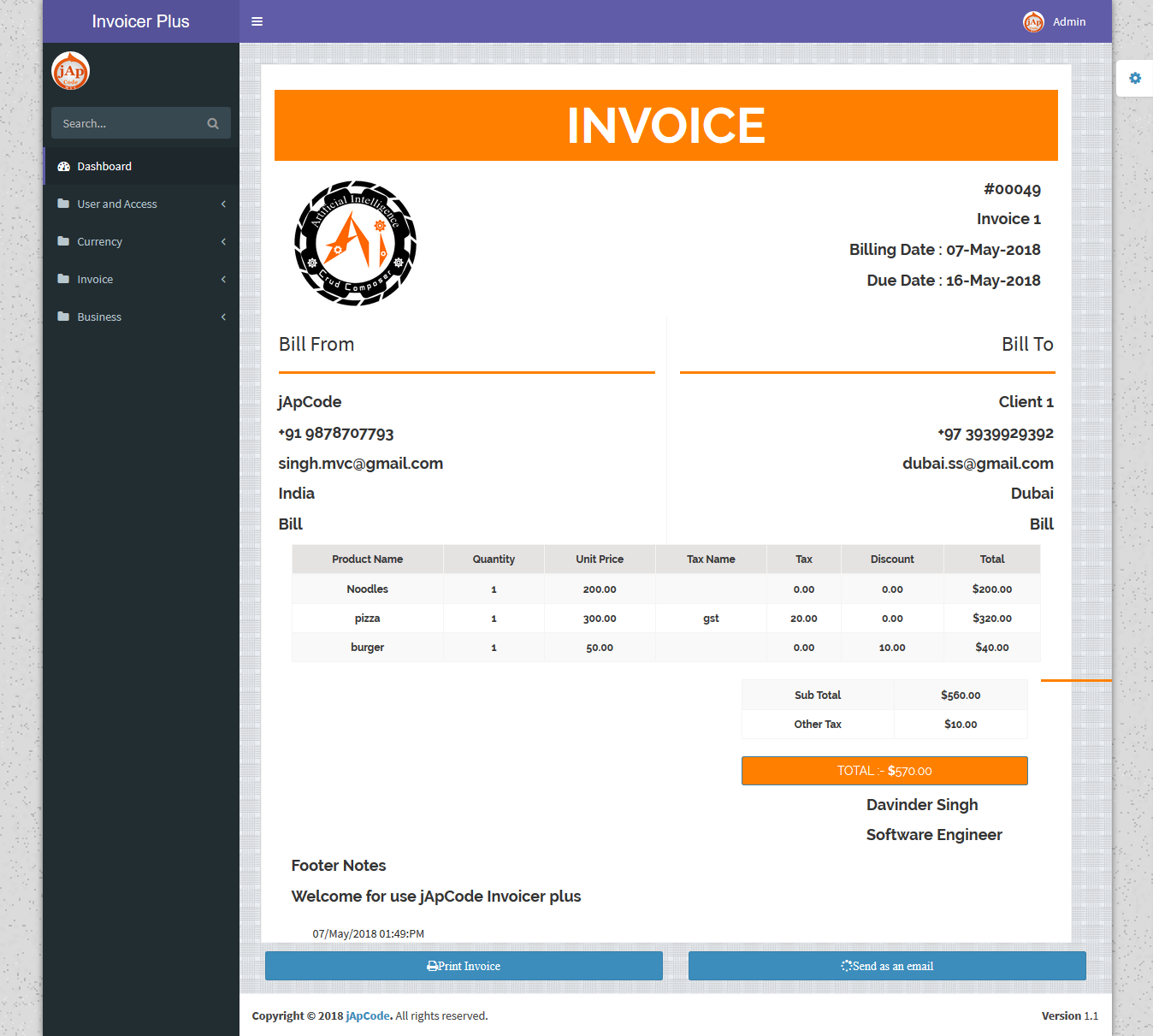 Invoicer Plus (Invoice Generator) Open Source Asp.net Mvc  5 Print | Email | Edit able Invoice - 3