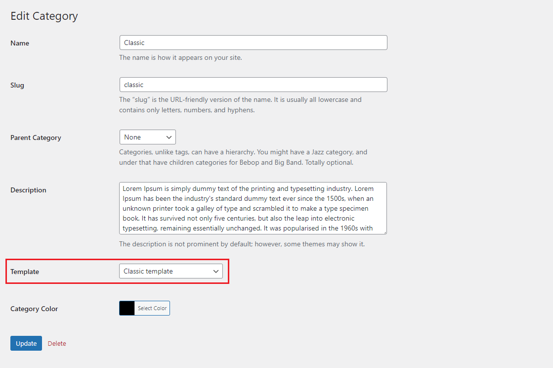 Use the specific template for the specific post category pages