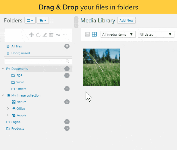 Drag & Drop your files in folders: Drag & Drop an image to move it into a folder, where you can find other files