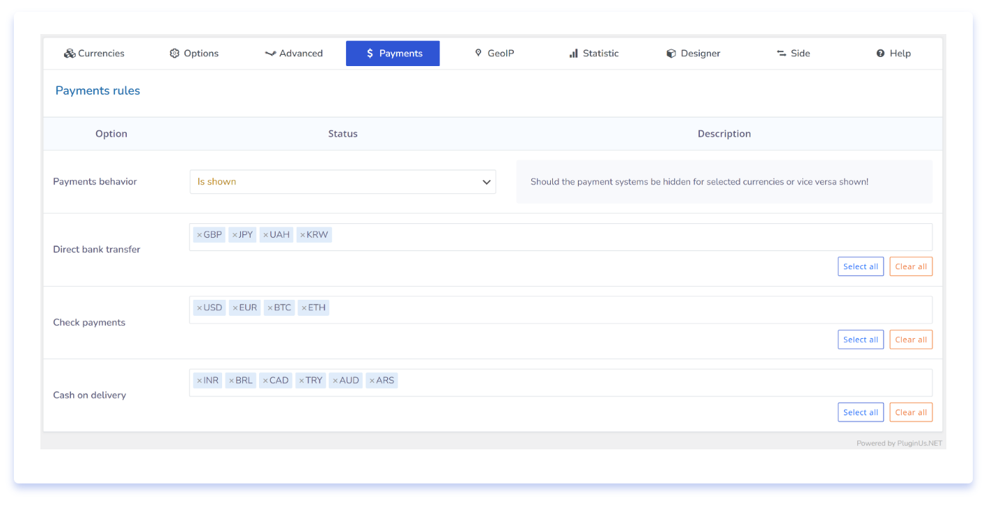 Woocommerce Currency Switcher Payments rules