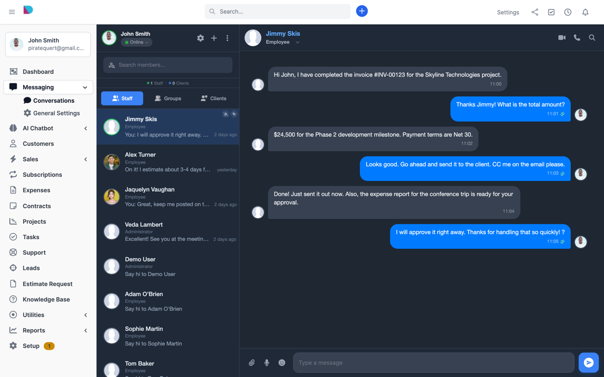 Perfex CRM Chat Full View Dark Theme - Real-Time Staff Messaging