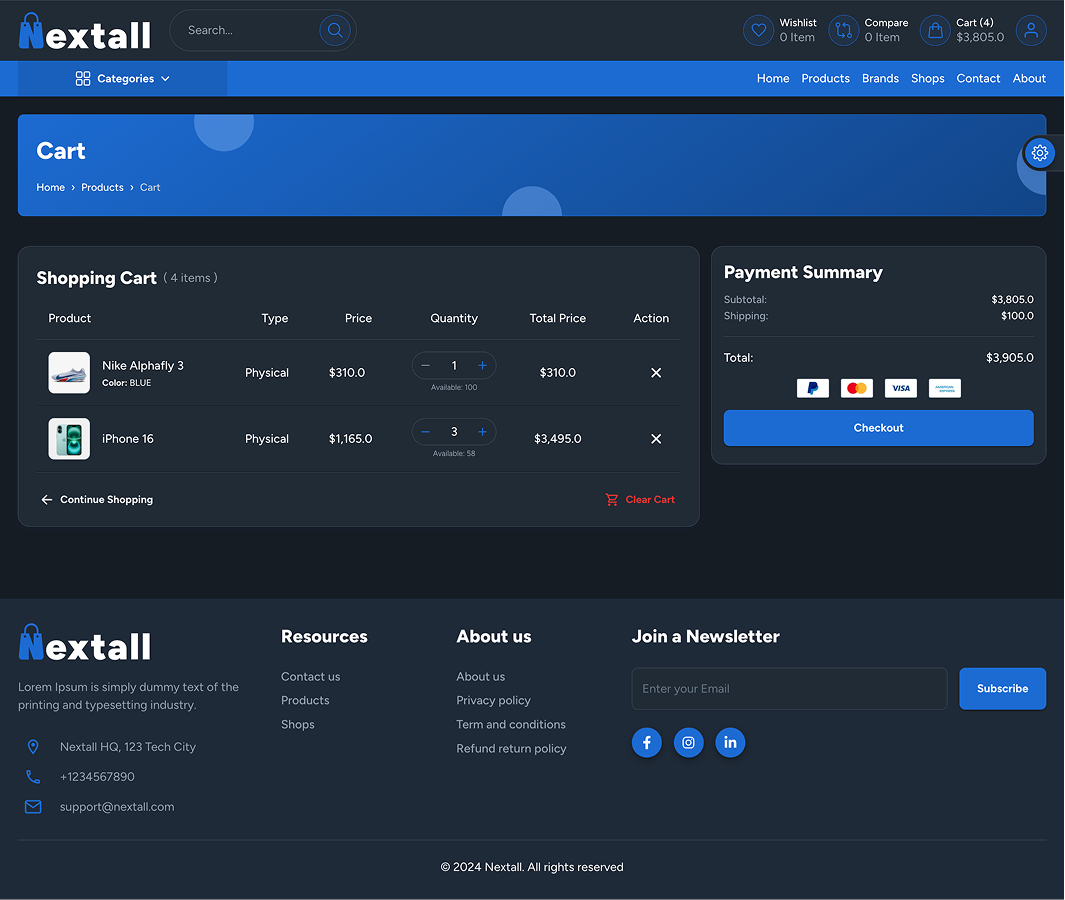 nextall next js ecommerce script cart