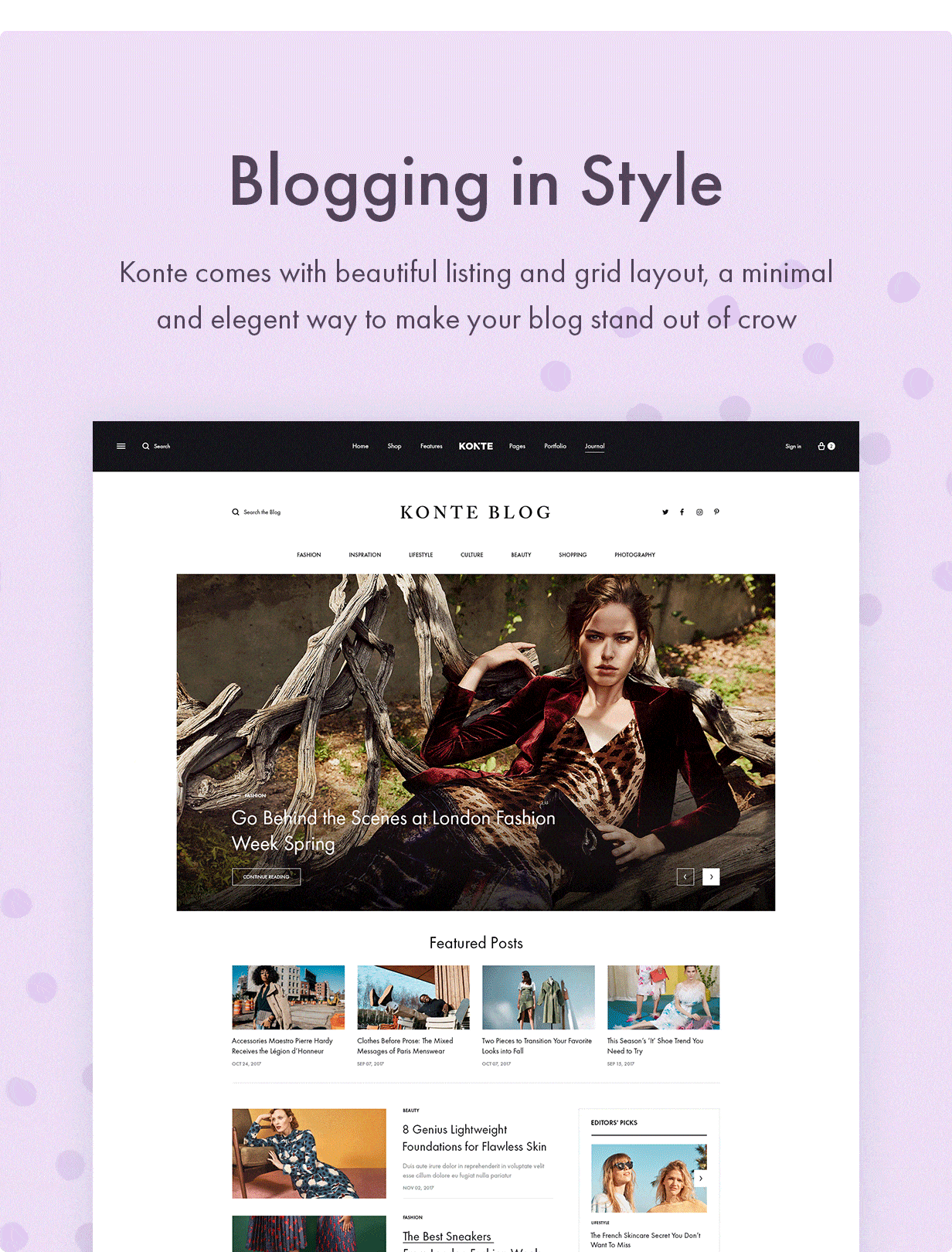 Konte WordPress theme supports variations of blog layouts