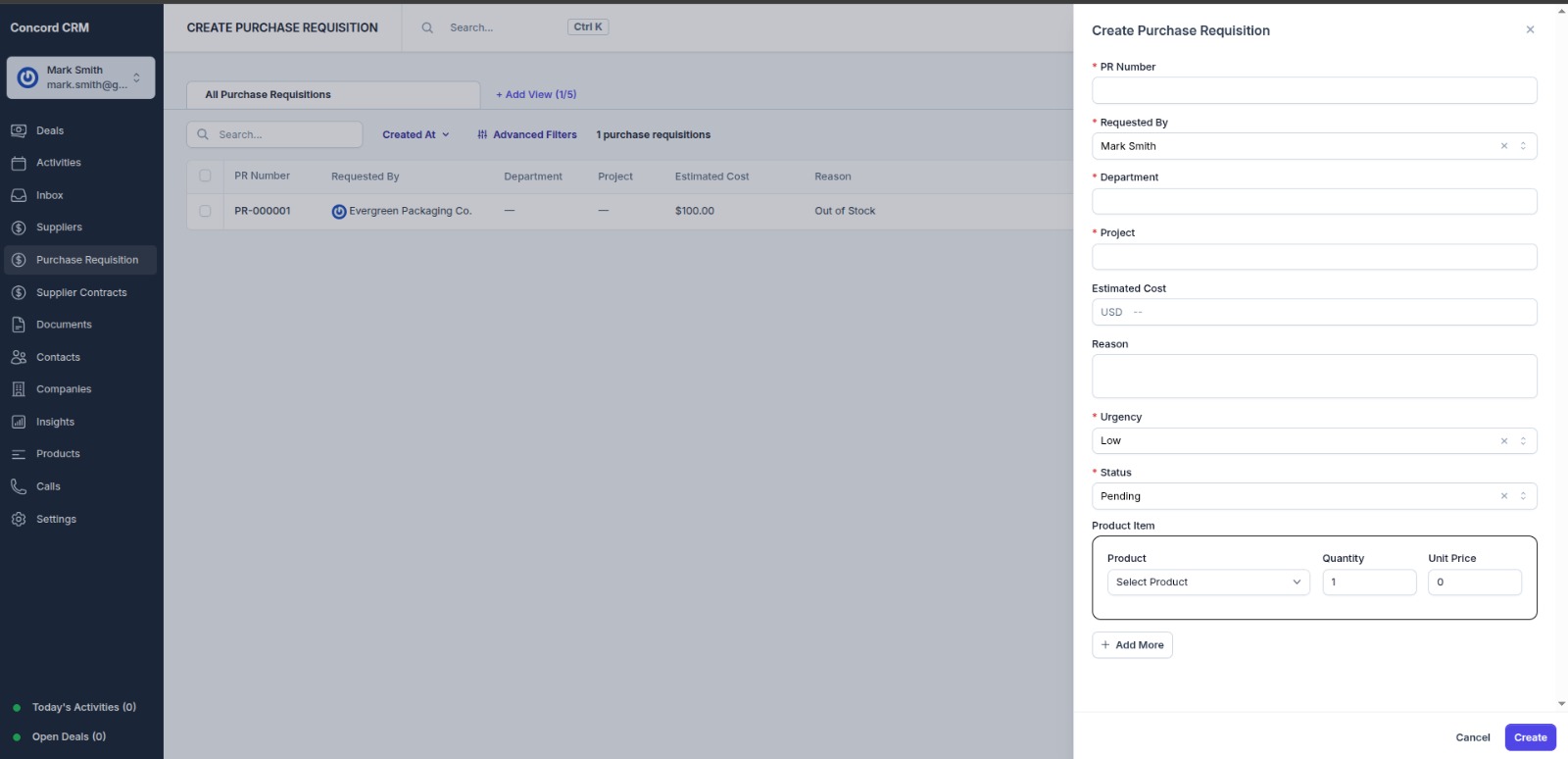 Concord CRM Purchase Workflow
