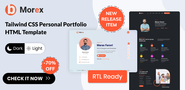 Morex - Tailwind CSS Personal Portfolio Template + RTL