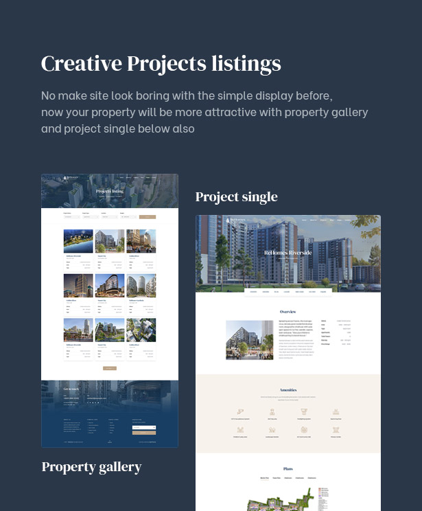 Project listings available in the luxury real estate WordPress theme