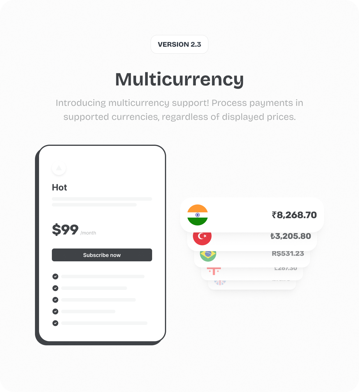 Introducing multicurrency support! Process payments in supported currencies, regardless of displayed prices. @heyaikeedo #aikeedo