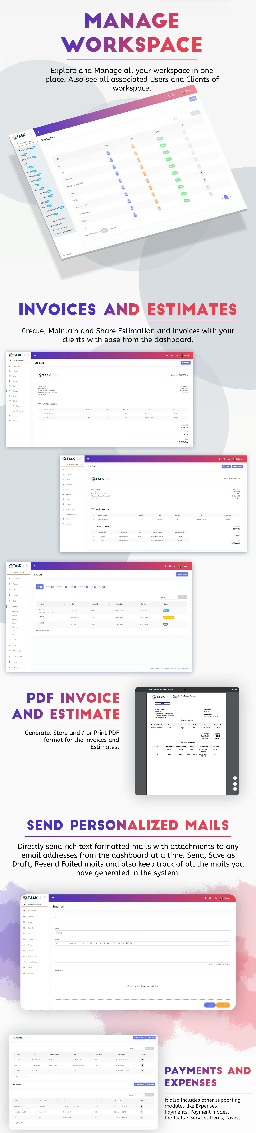 Manage workspace, Finance & Accounting module, Invoices, Estimates & PDFs, Personalised Mails, Taxes, Payments & Expenses- Taskhub - v2.2 - 2