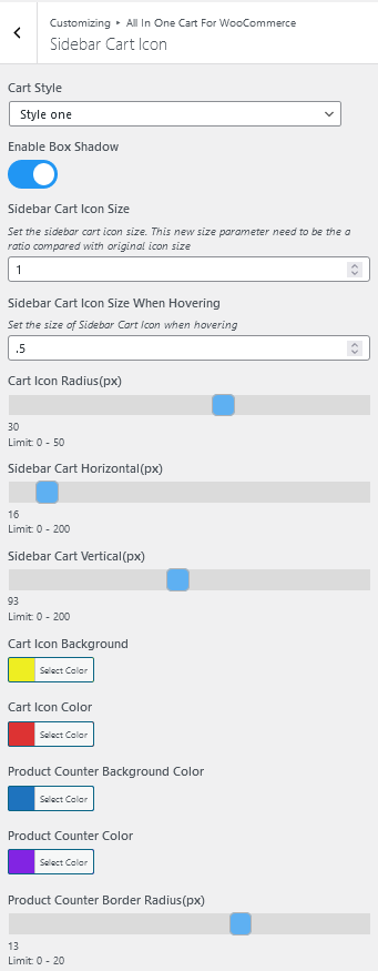 WooCommerce All In One Cart Sidebar Cart Icon Customizer Controls