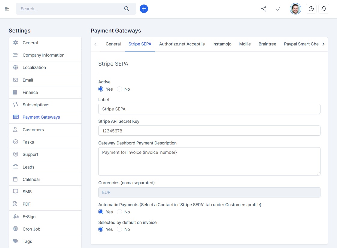 Stripe SEPA Direct Debit payment gateway for Perfex