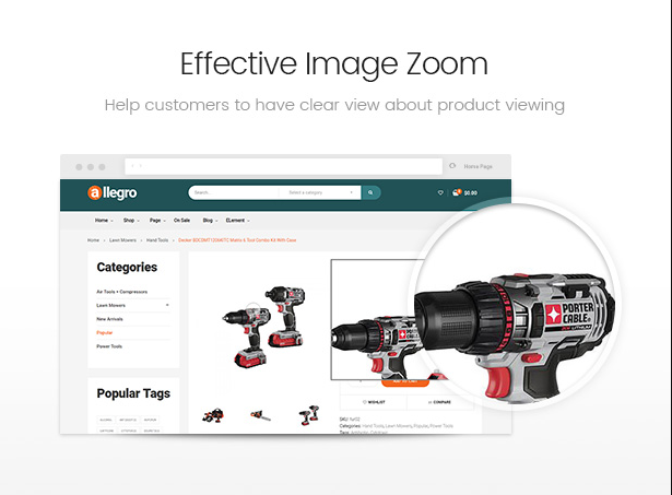 Advanced image zoom in Allegro equipment WooCommerce WordPress theme
