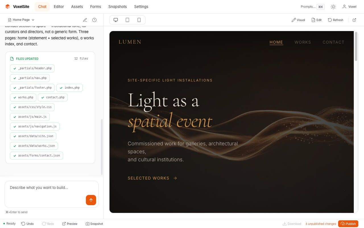 AI-generated website with chat panel showing file structure and live preview