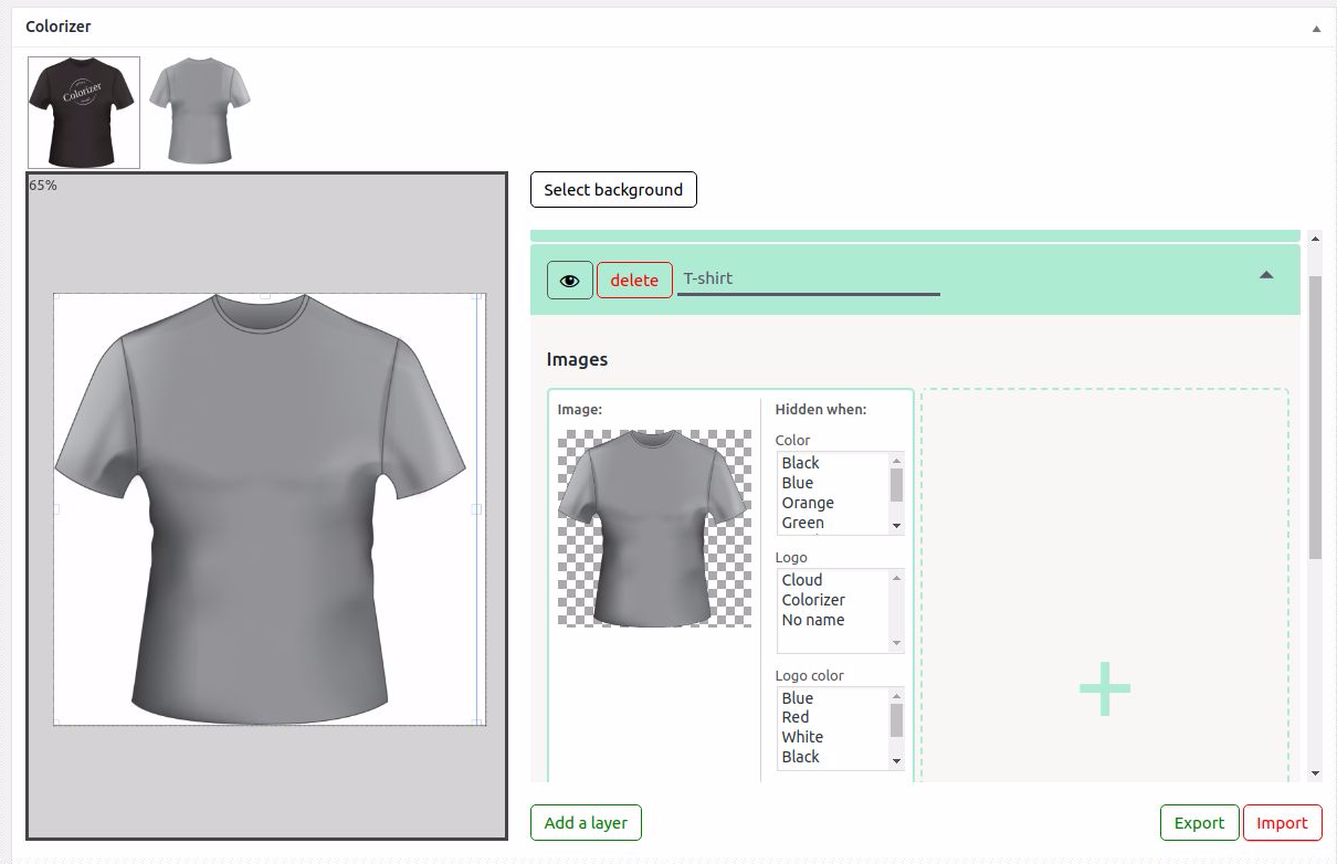 Graphic editor available in Woocommerce Product Colorizer