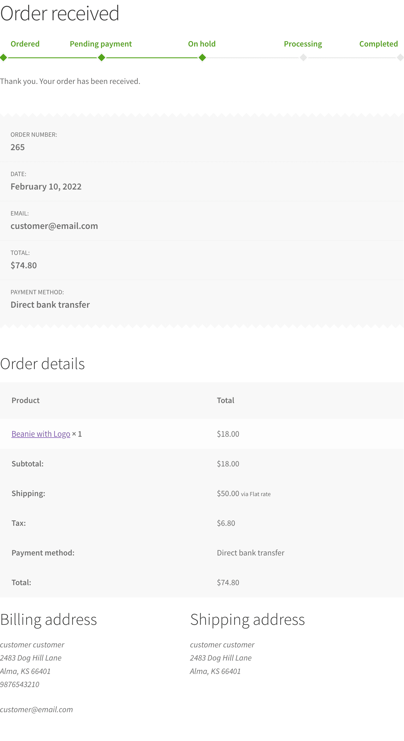 Página de pedido recebido da barra de progresso do pedido WooCommerce